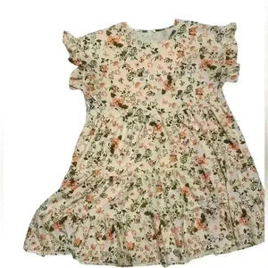 Floral Ruffle Sleeve Tiered Dress - 2XL, Cream and Orange Print